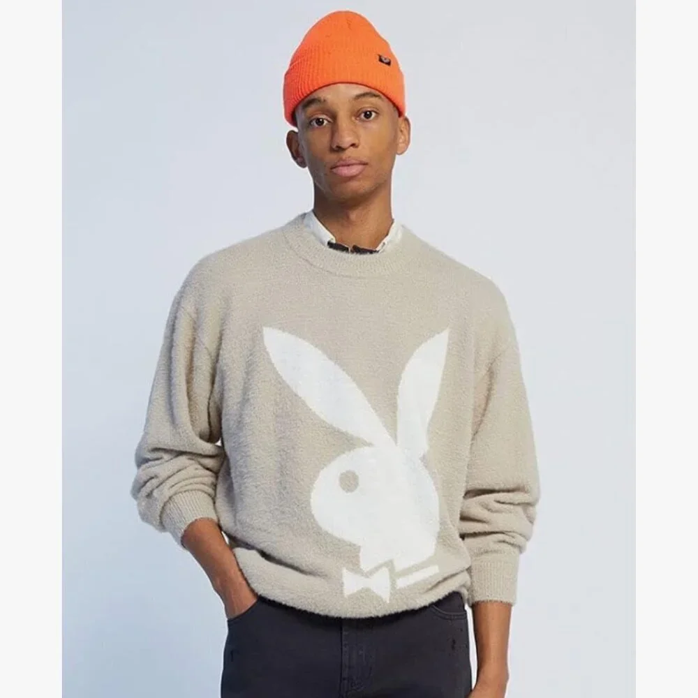 PLAYBOY Fuzzy Bunny Head PacSun Crew Neck Sweater Tan Beige XL